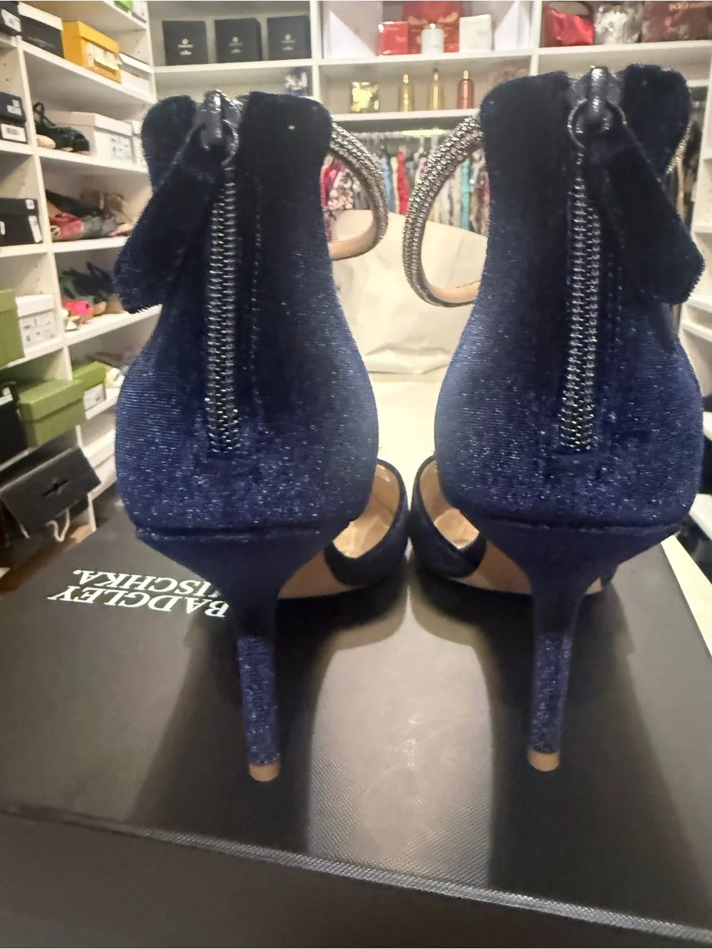 BADGLEY MISCHKA ankle Strap Embellished Marlow navy Stiletto with crystal New 11
